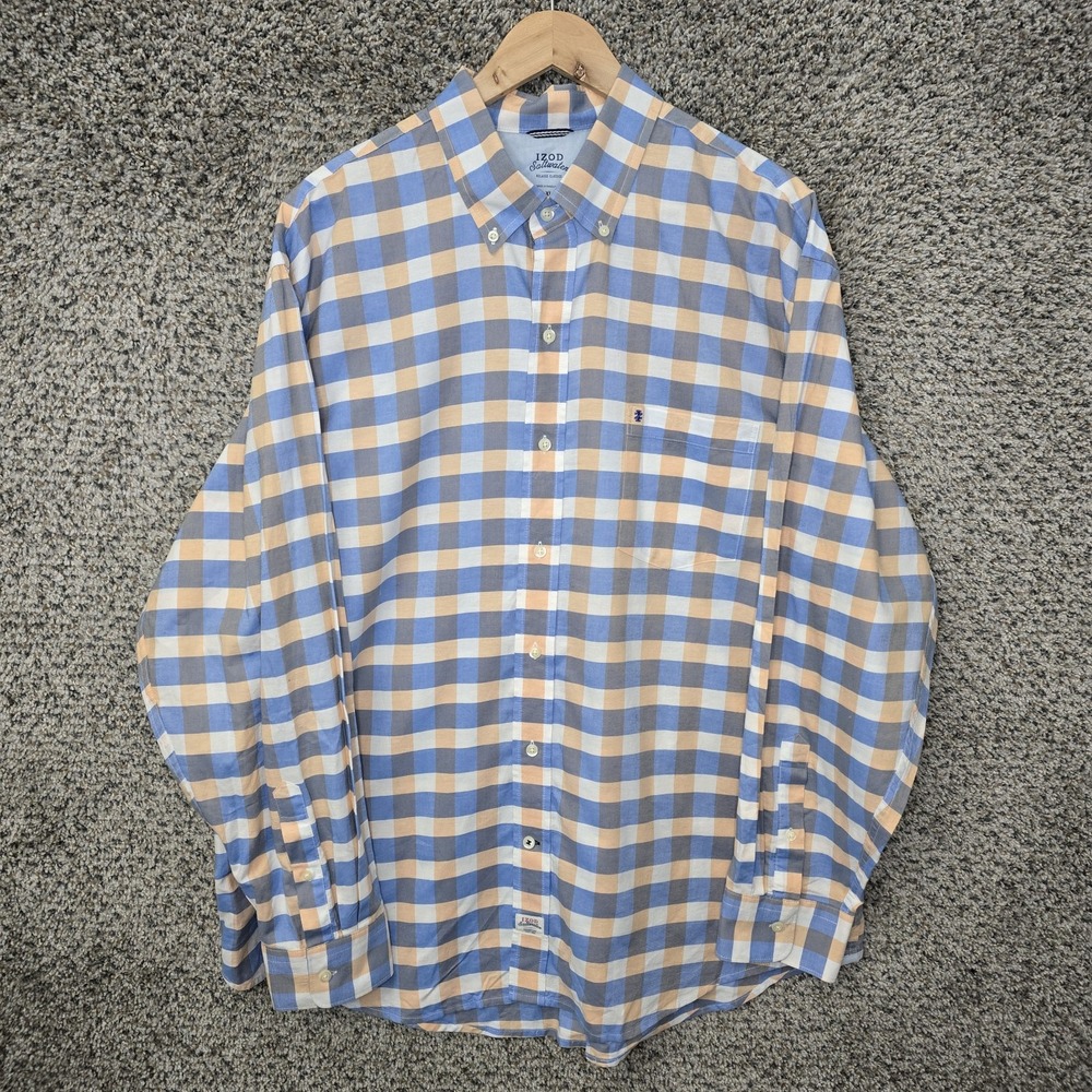 Izod Saltwater Shirt Mens XL Blue Check Button Down Long Sleeve Casual Cotton